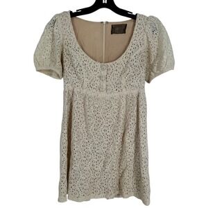 Reformation Women's  Cream Lace Mini Dress Scoop Neck Short Puff Sleeve Size 4